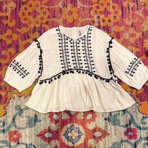 Zara White and Black Embroidered Top